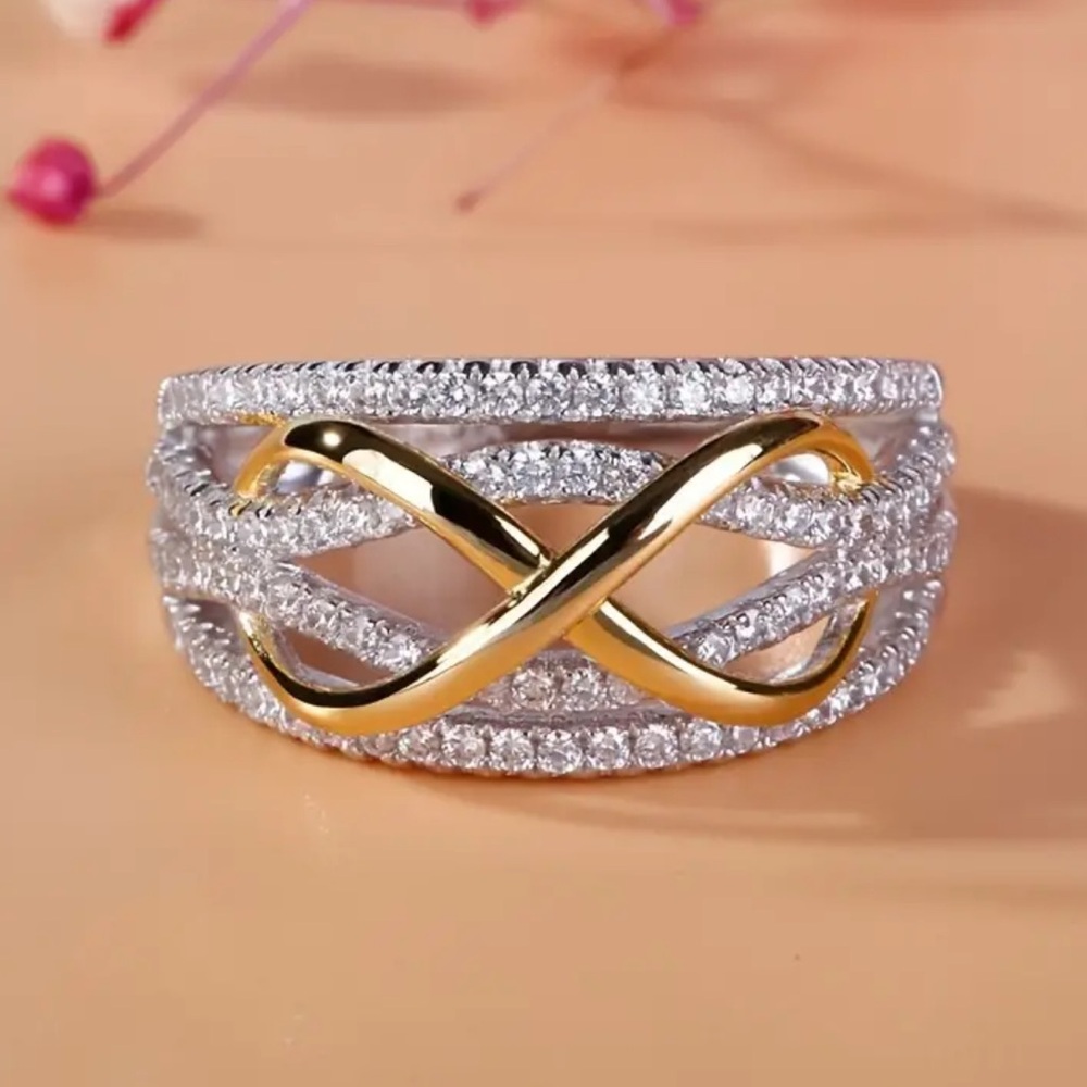 NEW Infinity Silver 925 Retro Style Two Color Gold Toned Little Diamond Ring